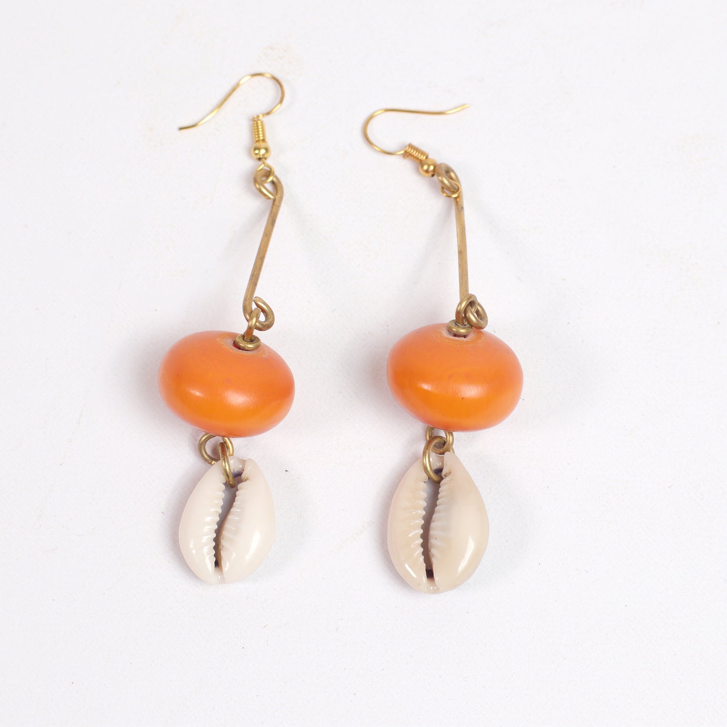 Tribal Earrings (Orange Amber & Cowrie Shell)